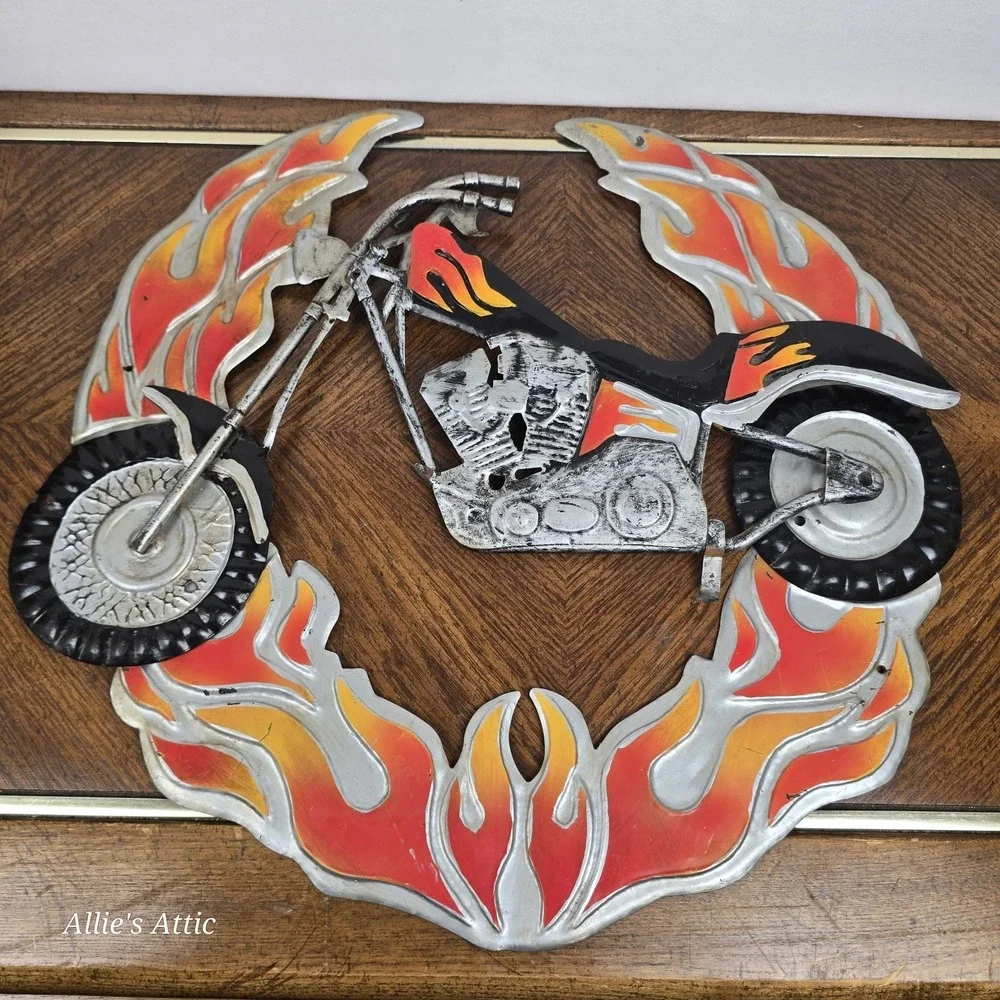 Motorcycle Wall Art Flames Metal‎ 3D Garage Mancave Decor Biker Sign 4 Pc 17